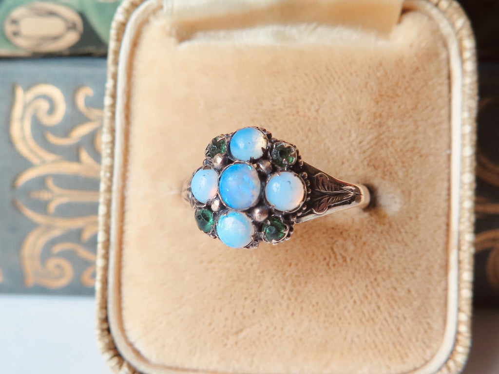 Victorian Opal Cluster Ring: 9ct Gold & Paste Emeralds, UK Hallmarked, US Size 6