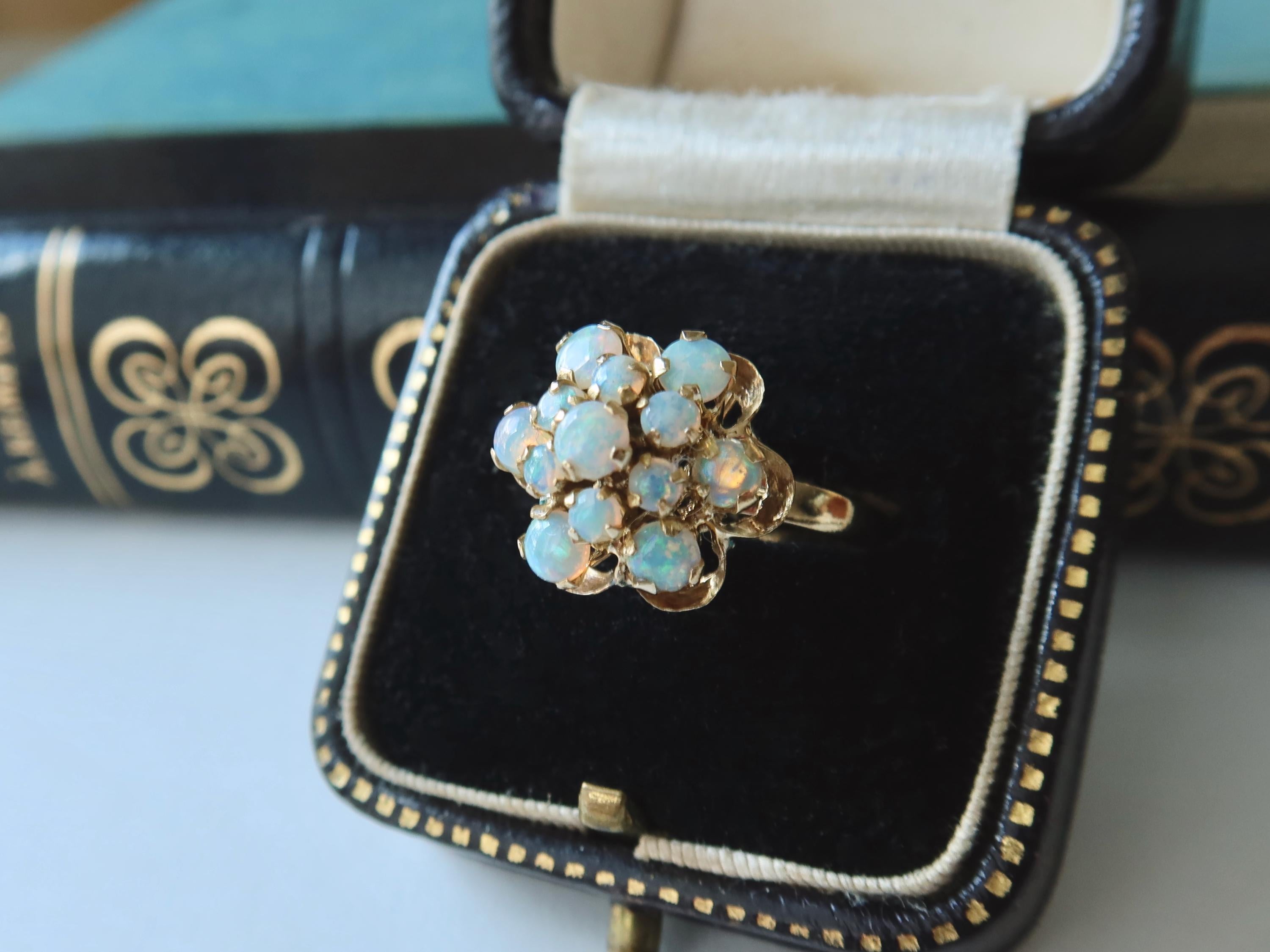 Vintage 14k Gold Opal Cluster Ring, Natural Opals, 1950s–1960s Floral Ring
