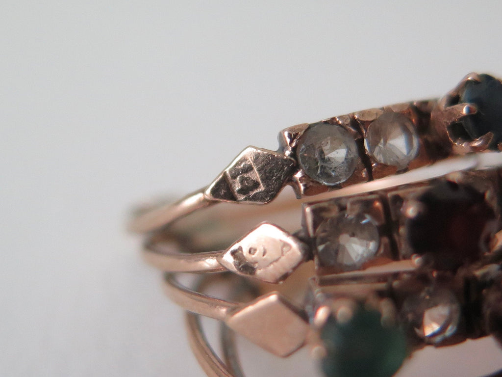 Antique 14k Gold Harem Ring: Sapphire, Garnet, Chrysoprase, Rock Crystal