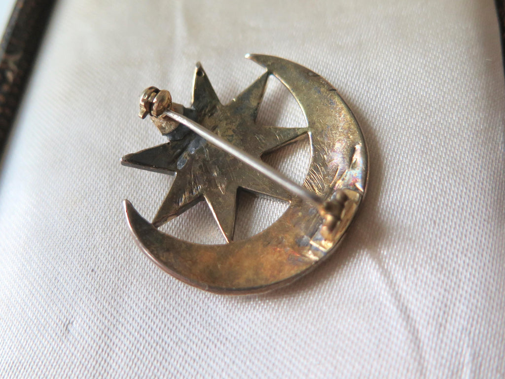 Victorian Garnet Brooch, Crescent Moon & Star, Antique Celestial Jewel, Bohemian Garnets