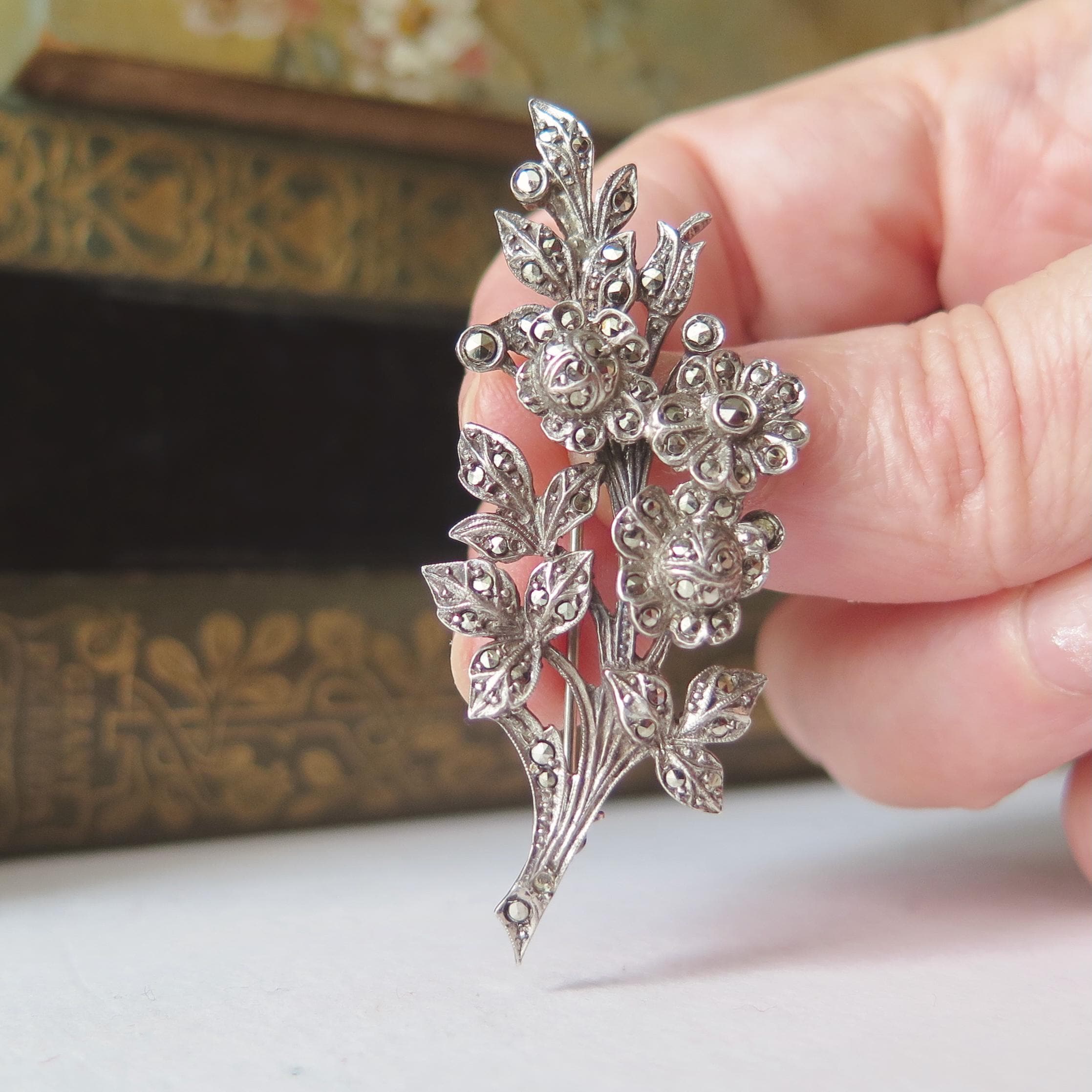 Vintage Sterling Silver and Marcasite Floral Brooch