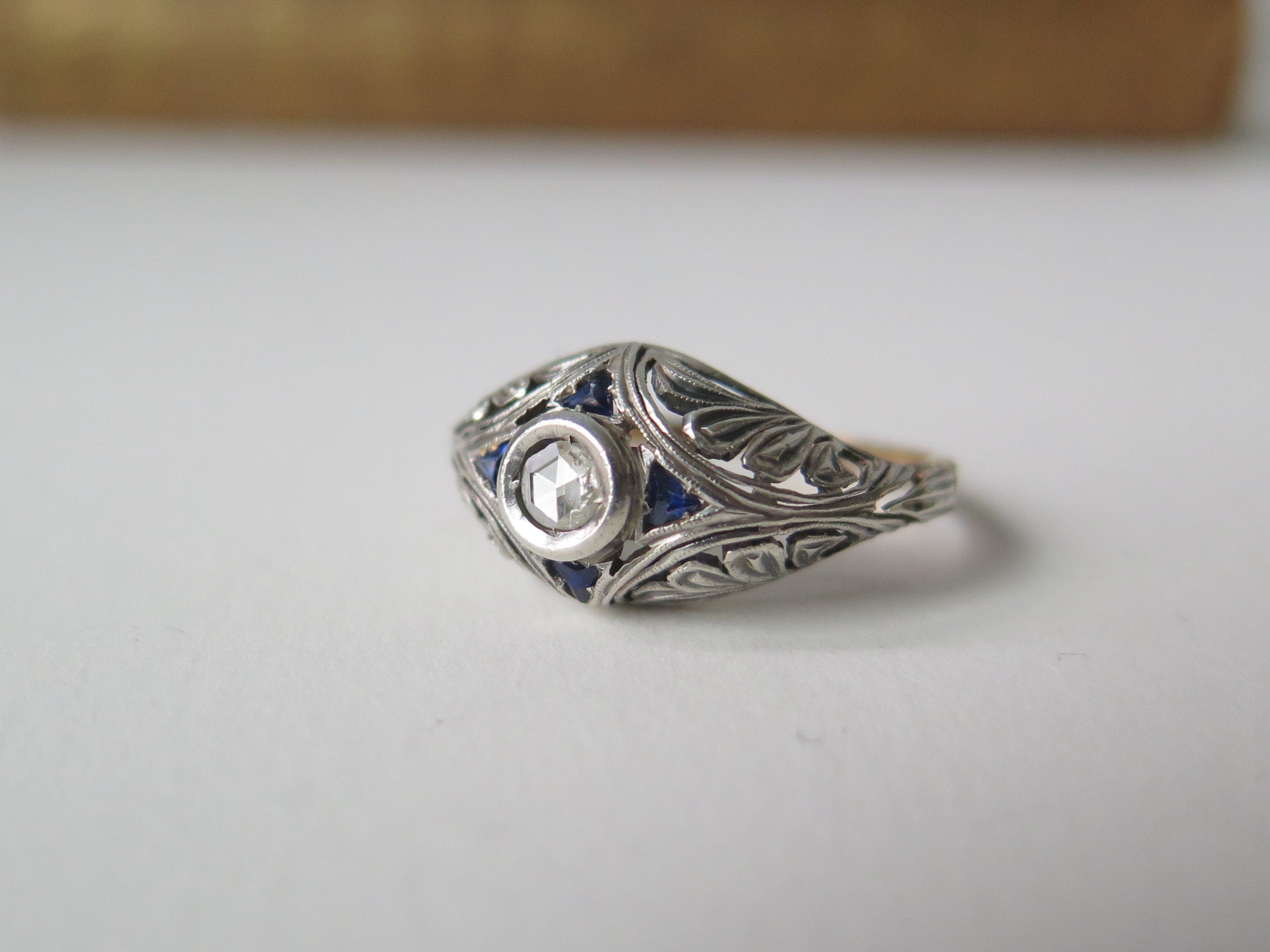 Antique Art Deco Diamond and Sapphire Ring, 18k White Gold, ca. 1920s