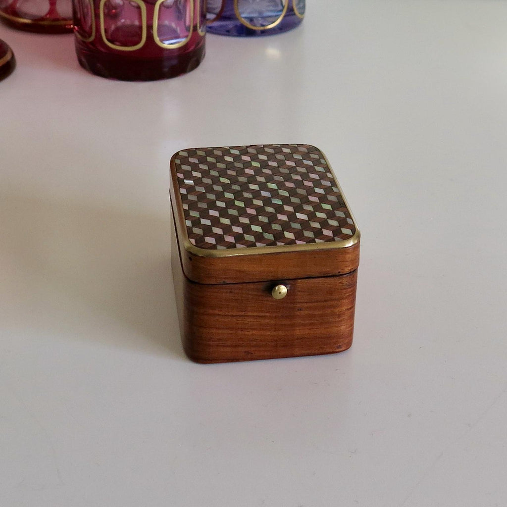 Antique Watch Box, Mother-of-Pearl Inlay, Blue Silk Interior, Jewellery Display Prop