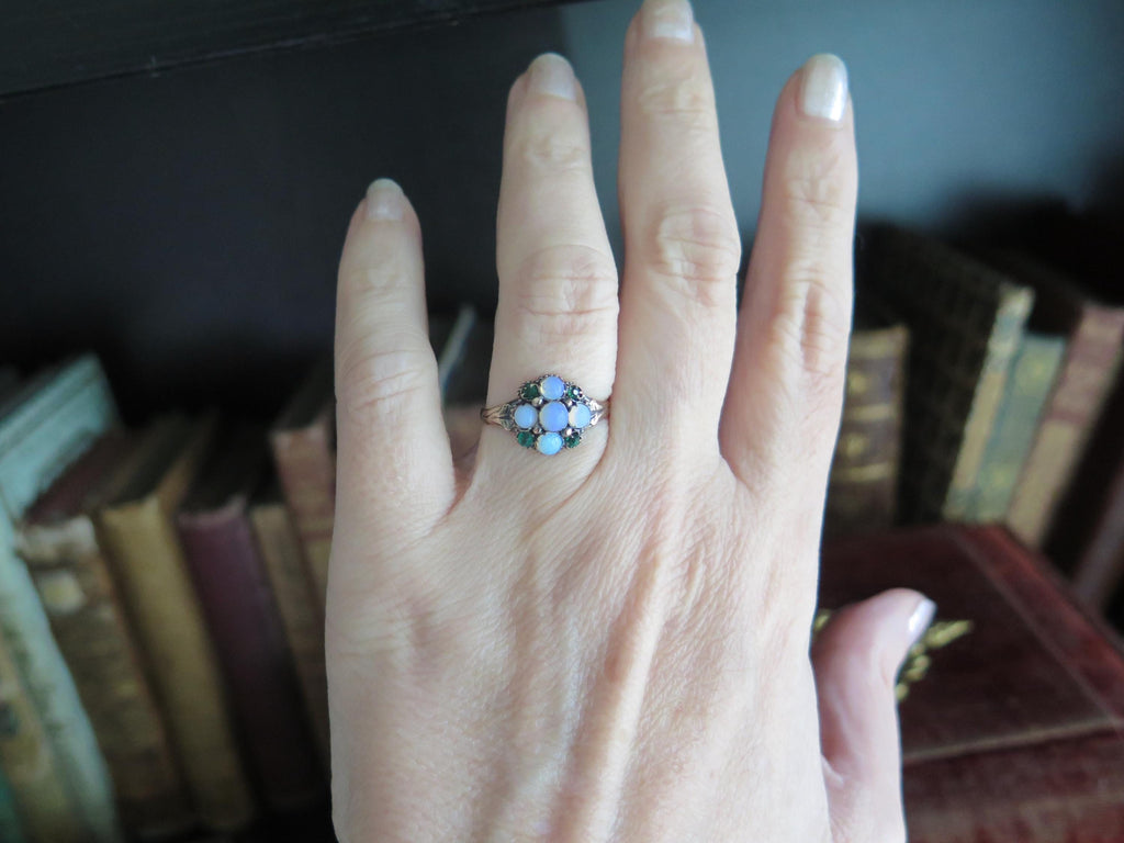 Victorian Opal Cluster Ring: 9ct Gold & Paste Emeralds, UK Hallmarked, US Size 6