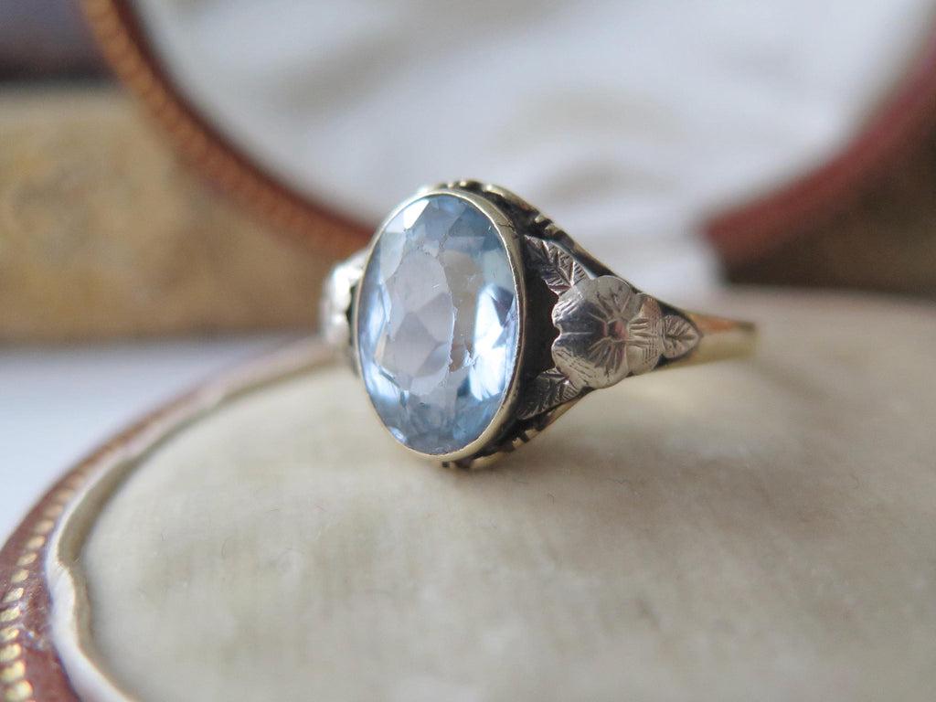 Antique French Art Nouveau Ring 14k Gold – Oval Blue Gemstone – Floral Shoulders