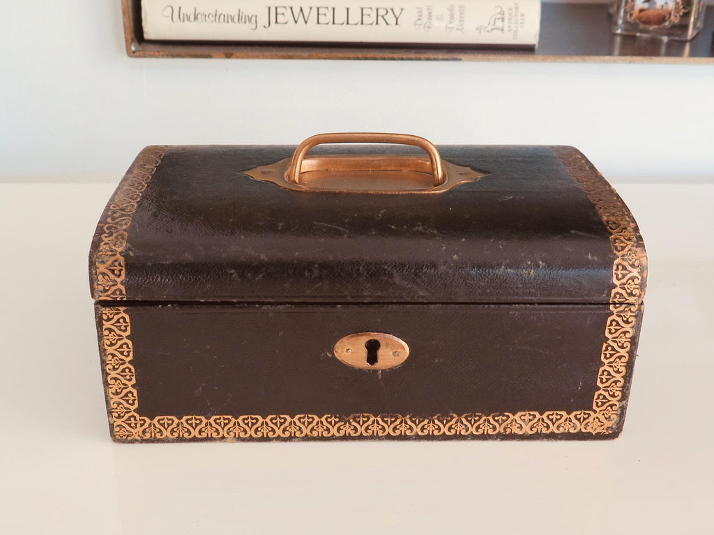 Antique Victorian Jewellery Casket – Gilt-tooled Leather, Brass Fittings & Deep Crimson Velvet
