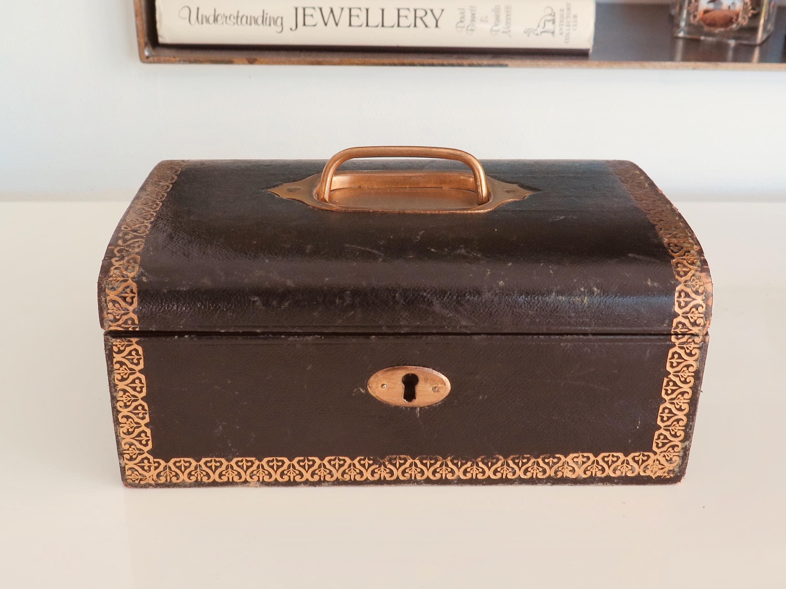 Antique Victorian Jewellery Casket – Gilt-tooled Leather, Brass Fittings & Deep Crimson Velvet