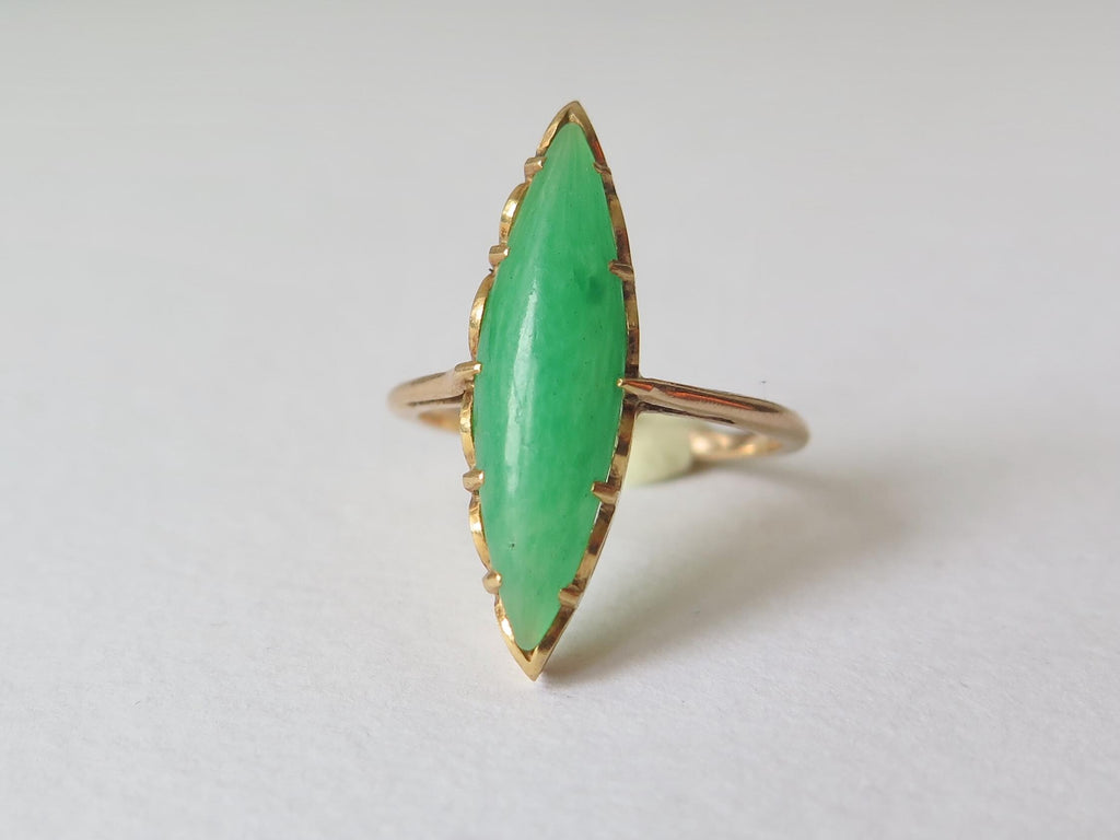 Edwardian 9k Gold Marquise Jade Ring - US Size 5.5