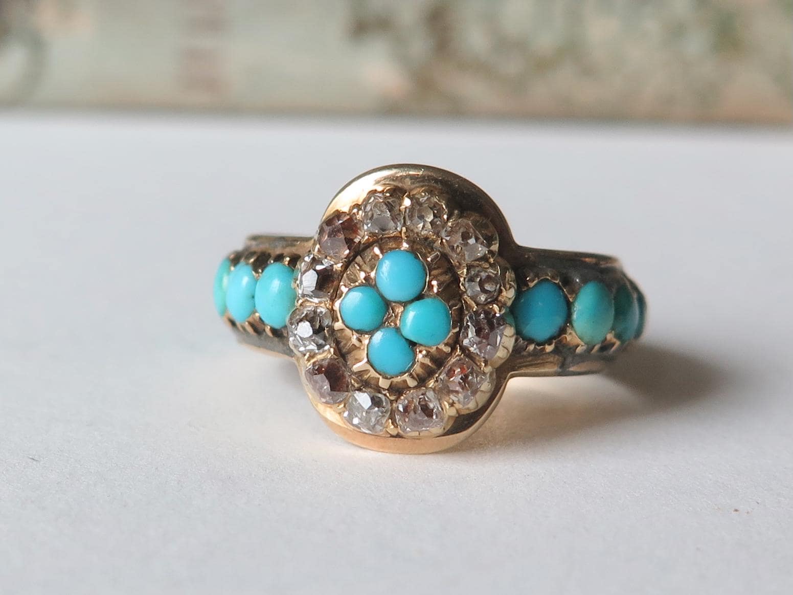 Antique 14k Gold Ring with Turquoise and Old Mine Cut Diamonds “Friendship” Engraving