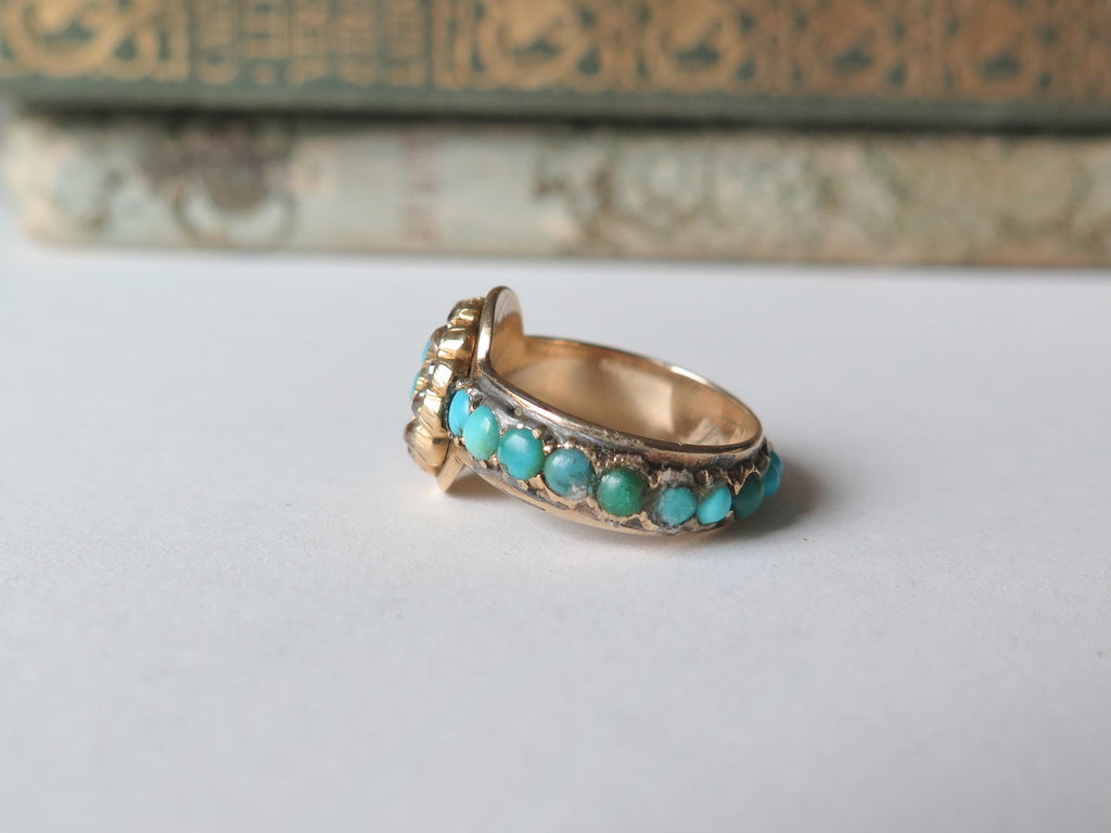 Antique 14k Gold Ring with Turquoise and Old Mine Cut Diamonds “Friendship” Engraving