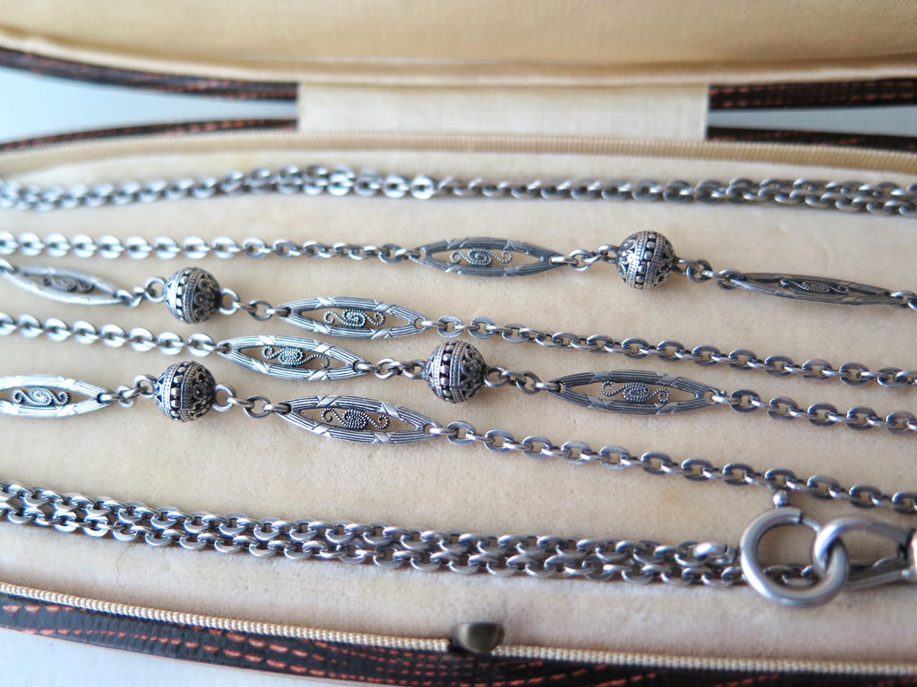 Antique Edwardian 800 Silver Sautoir Necklace: 61" Long Guard Chain