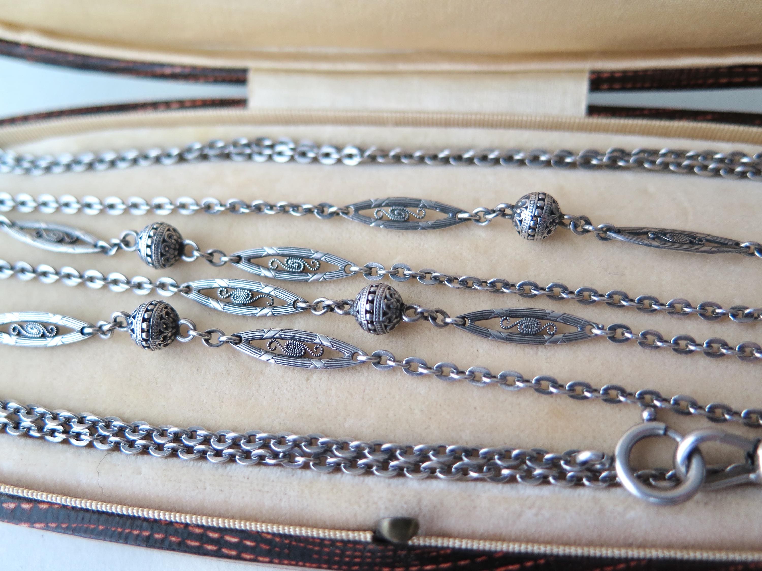 Antique Edwardian 800 Silver Sautoir Necklace: 61" Long Guard Chain