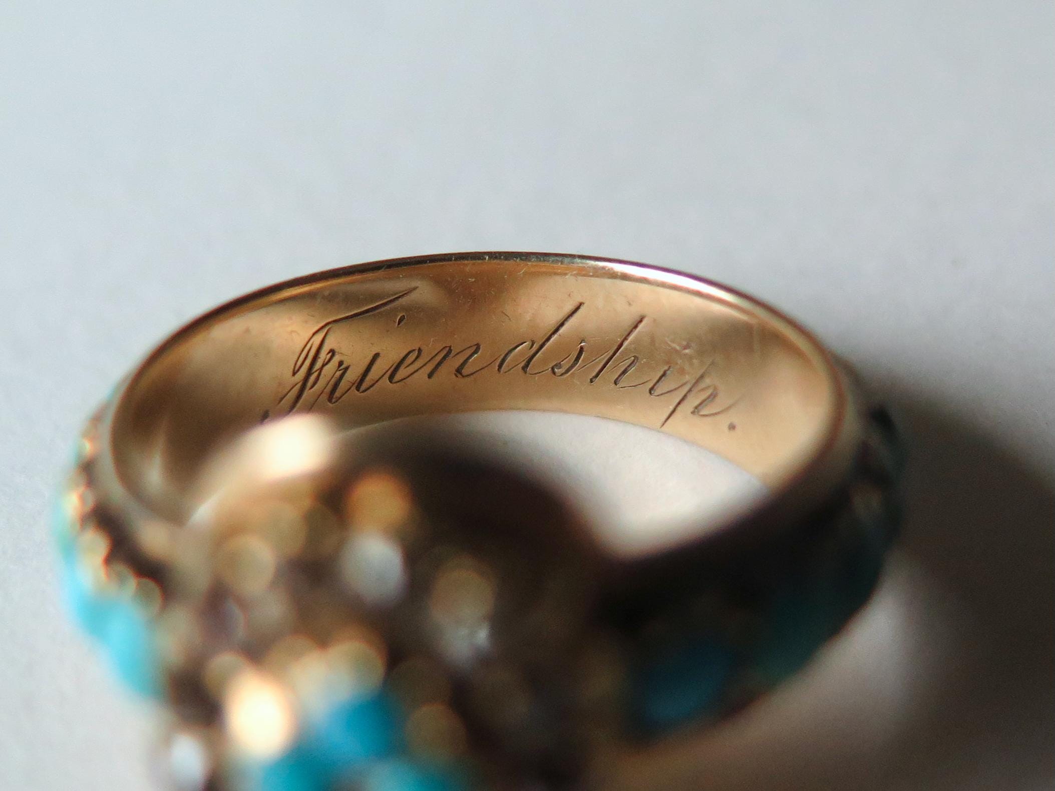 Antique 14k Gold Ring with Turquoise and Old Mine Cut Diamonds “Friendship” Engraving