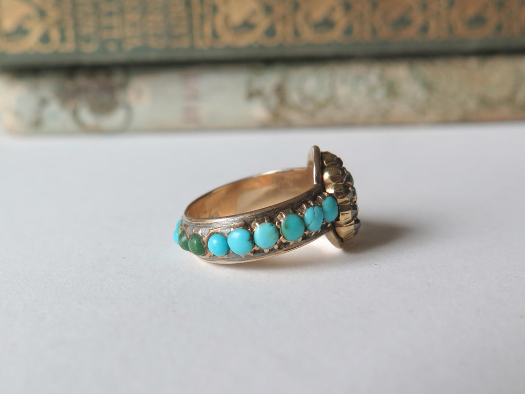 Antique 14k Gold Ring with Turquoise and Old Mine Cut Diamonds “Friendship” Engraving