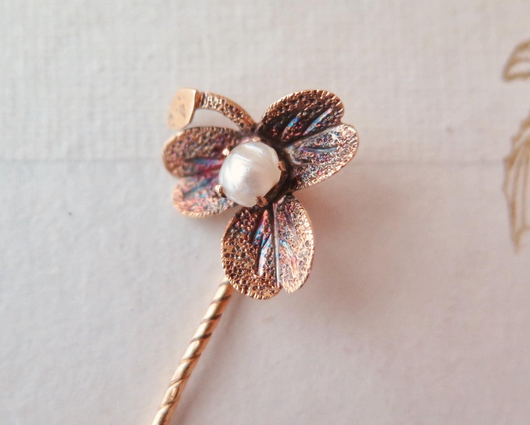 Antique Art Nouveau 14ct Gold Stick Pin, Natural Pearl Clover