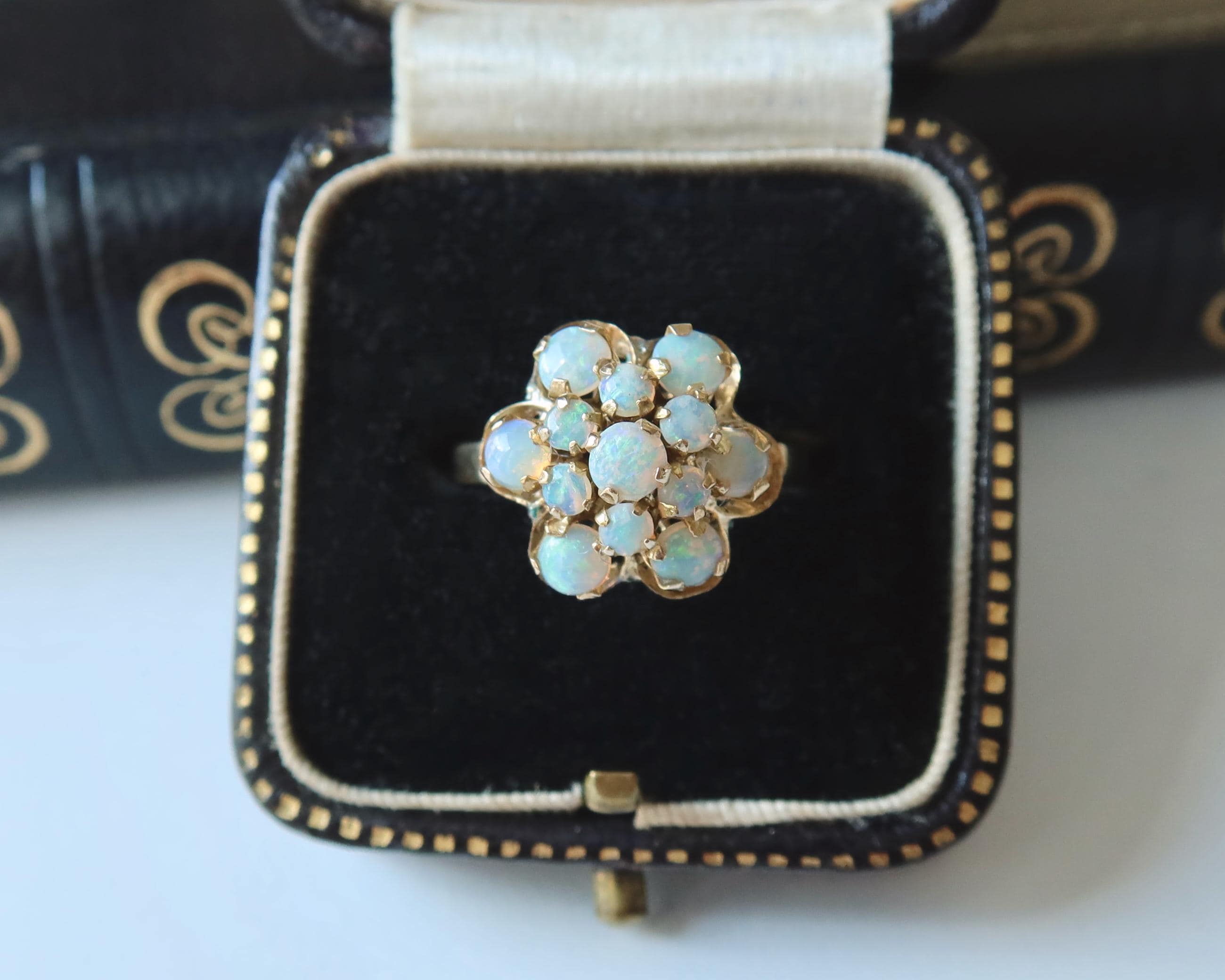 Vintage 14k Gold Opal Cluster Ring, Natural Opals, 1950s–1960s Floral Ring