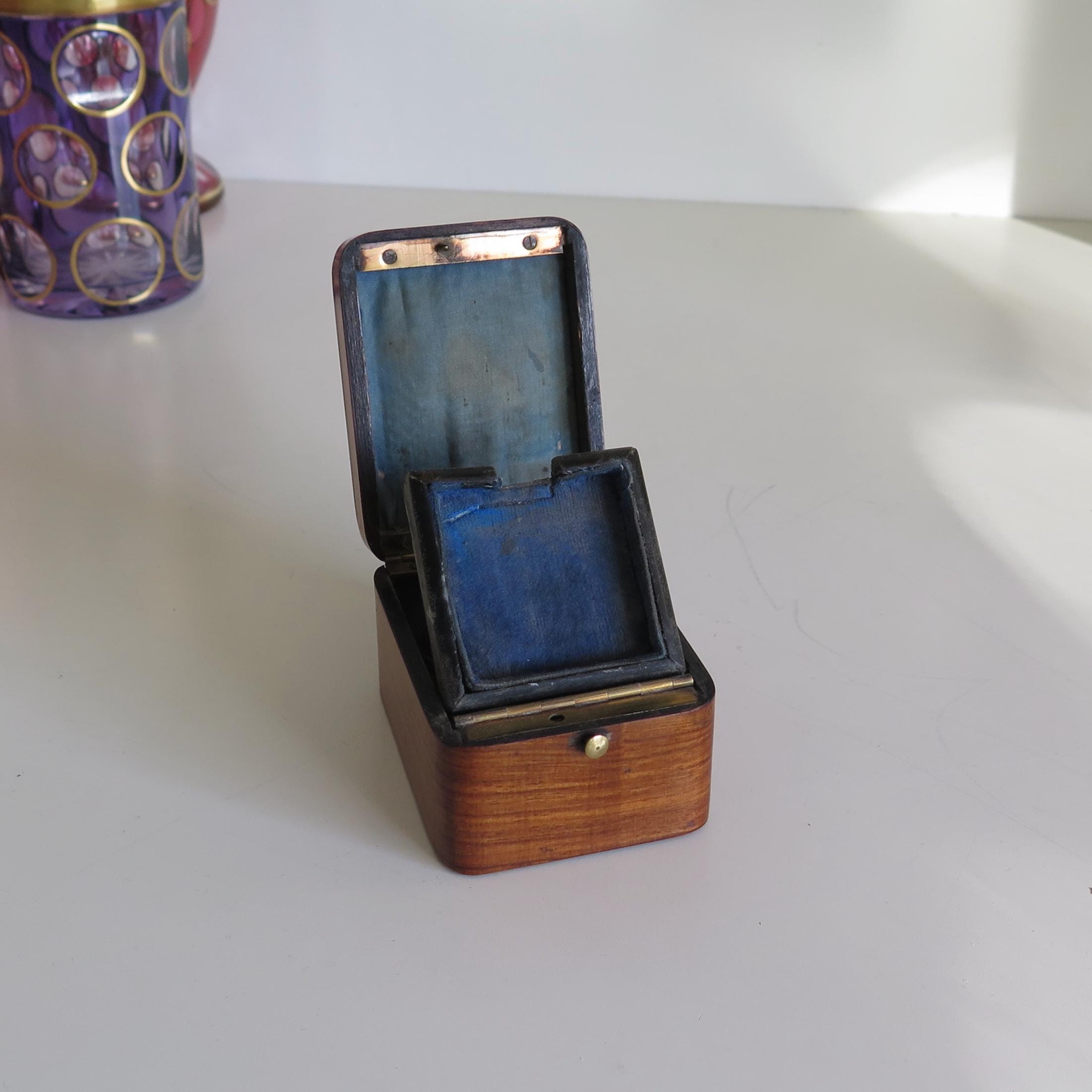 Antique Watch Box, Mother-of-Pearl Inlay, Blue Silk Interior, Jewellery Display Prop