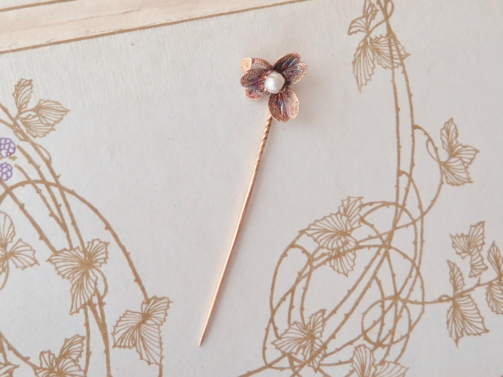 Antique Art Nouveau 14ct Gold Stick Pin, Natural Pearl Clover