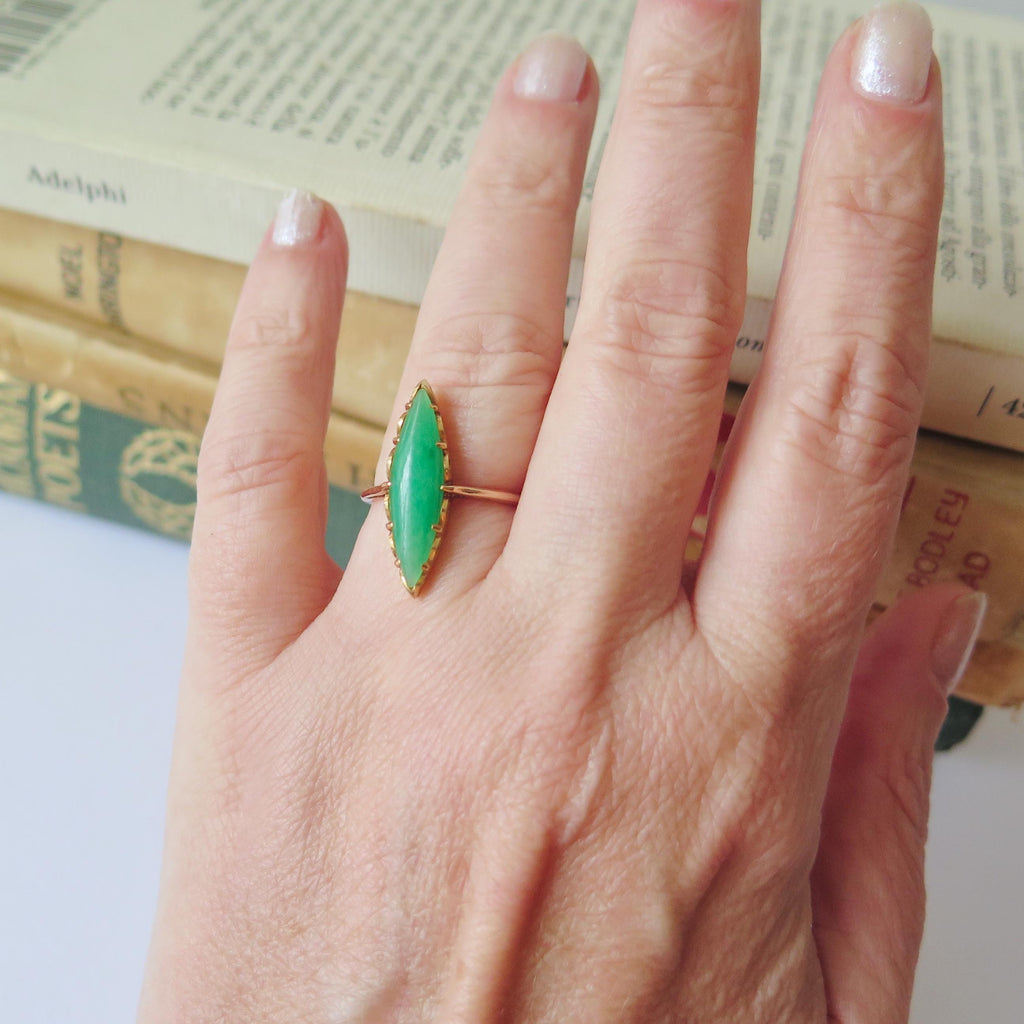 Edwardian 9k Gold Marquise Jade Ring - US Size 5.5