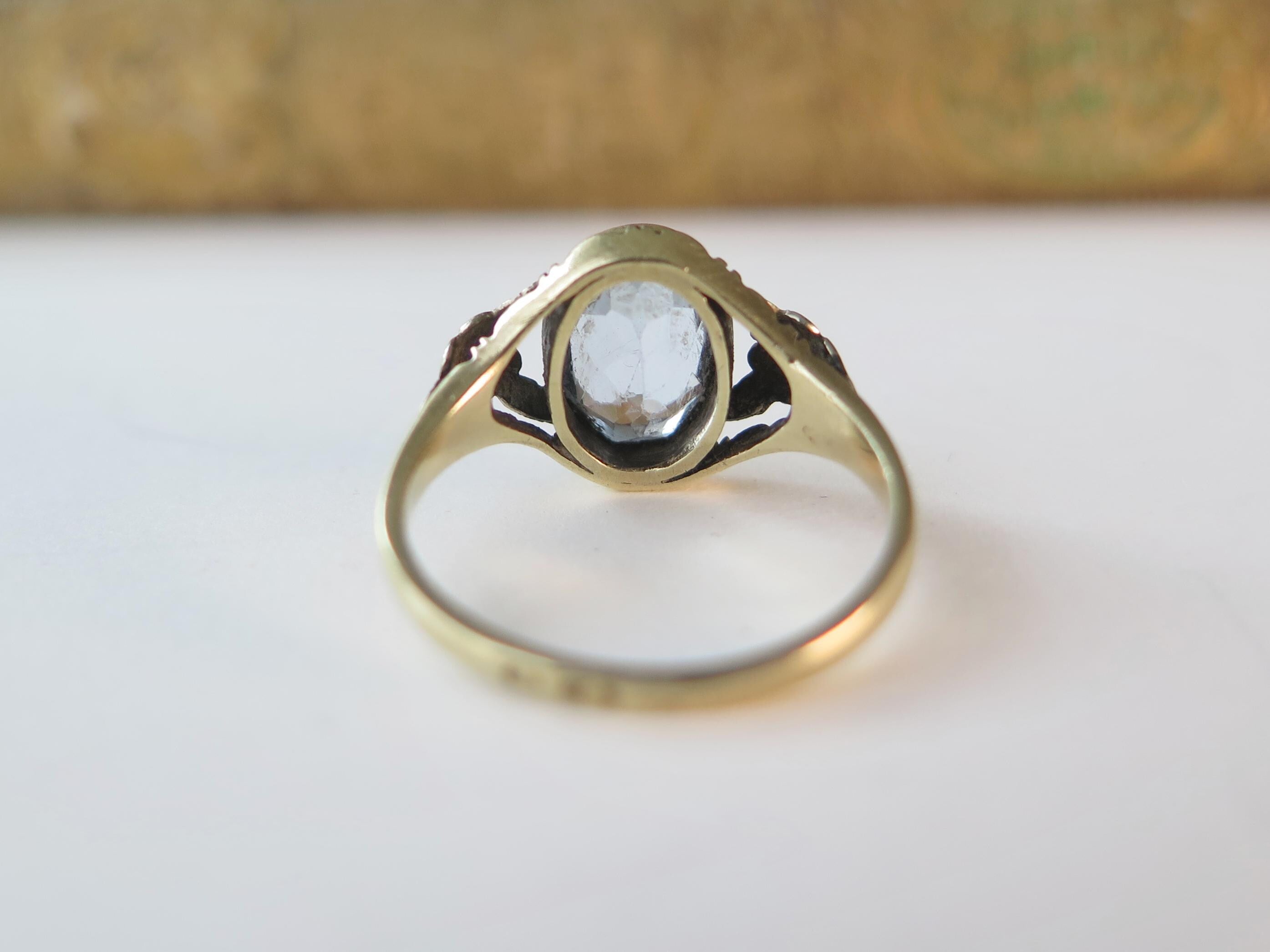 Antique French Art Nouveau Ring 14k Gold – Oval Blue Gemstone – Floral Shoulders
