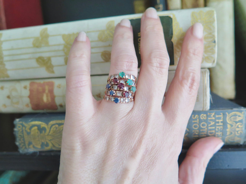 Antique 14k Gold Harem Ring: Sapphire, Garnet, Chrysoprase, Rock Crystal