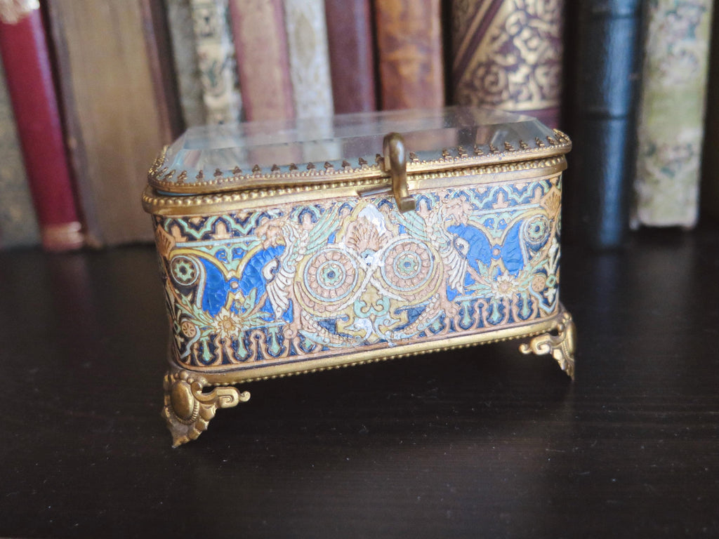Antique Victorian Jewelry Box, Tufted Silk Lining, Beveled Glass Lid, Brass Jewelry Casket