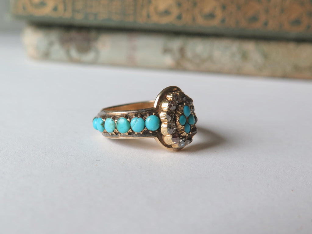 Antique 14k Gold Ring with Turquoise and Old Mine Cut Diamonds “Friendship” Engraving