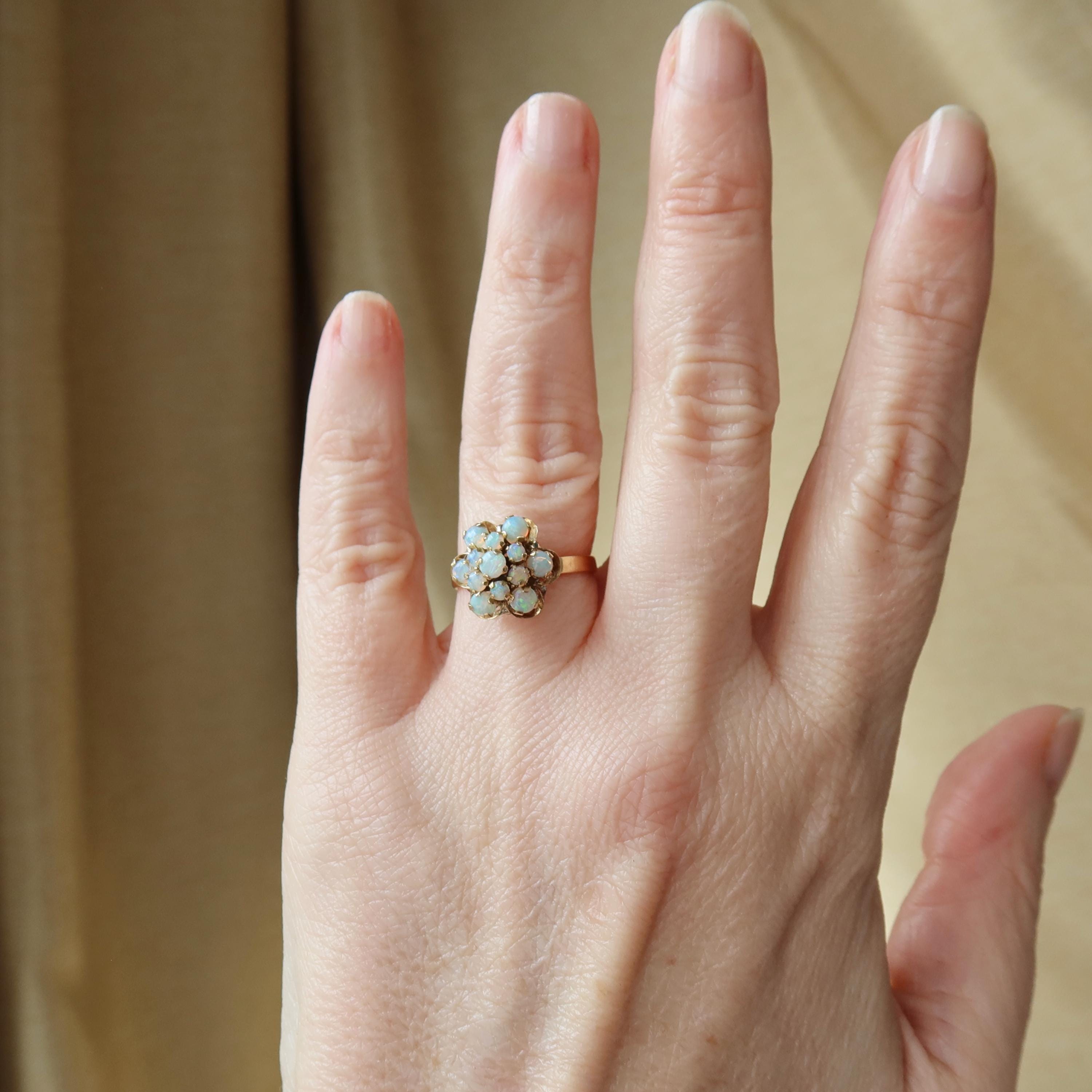 Vintage 14k Gold Opal Cluster Ring, Natural Opals, 1950s–1960s Floral Ring