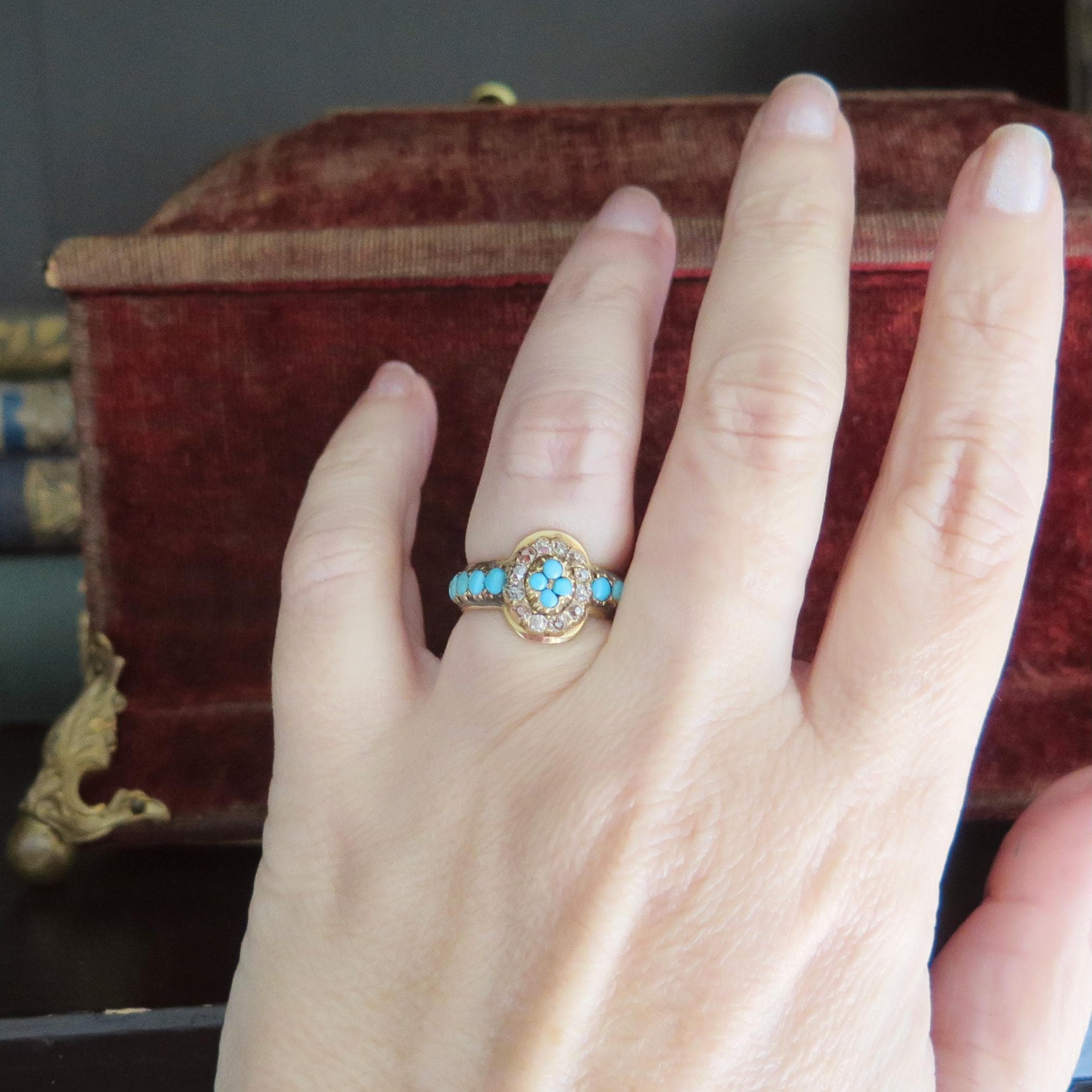 Antique 14k Gold Ring with Turquoise and Old Mine Cut Diamonds “Friendship” Engraving