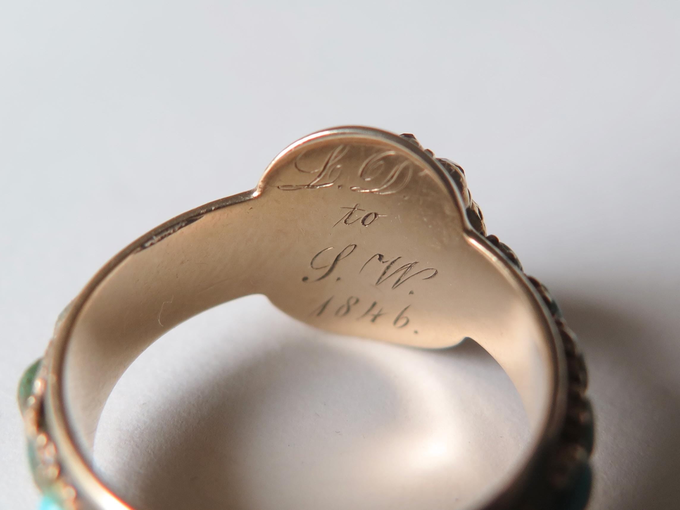 Antique 14k Gold Ring with Turquoise and Old Mine Cut Diamonds “Friendship” Engraving