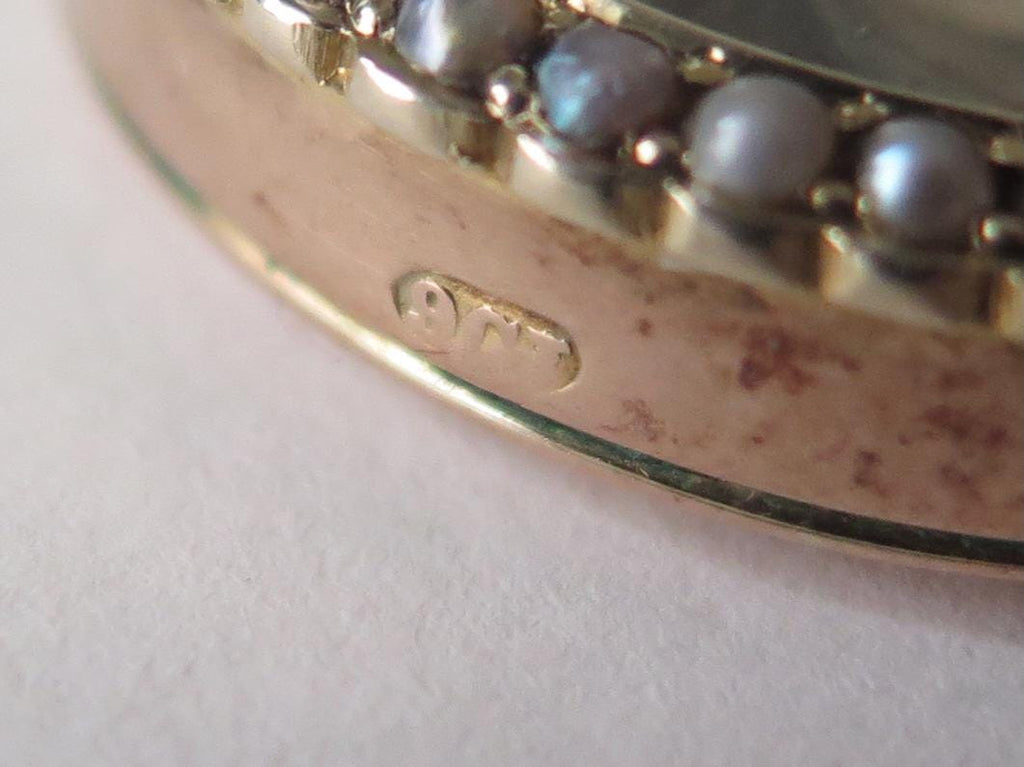 Antique Edwardian 9k Gold Double-Glass Locket with Grey Seed Pearls, Hand Coloured Portrait Miniatures