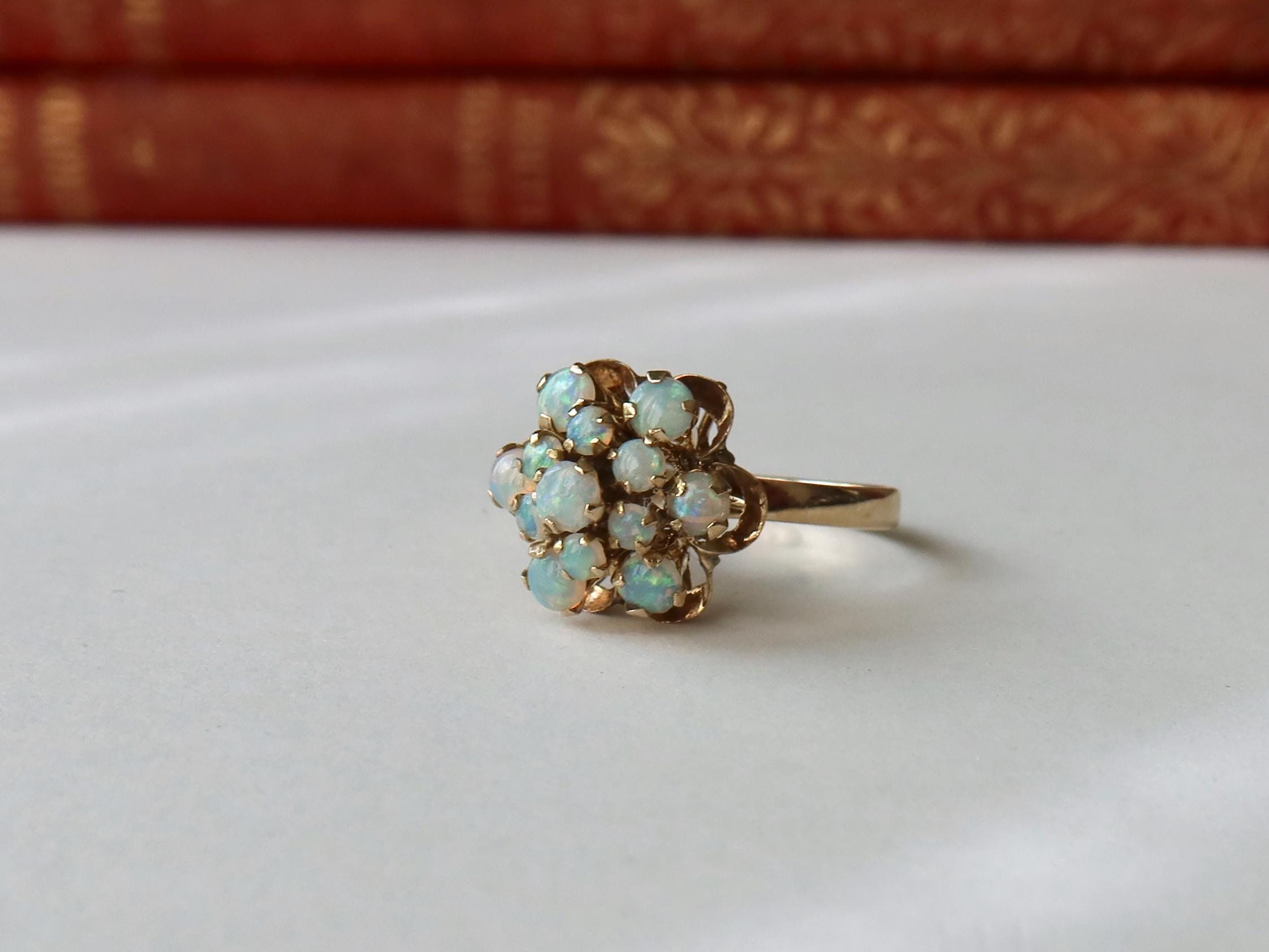 Vintage 14k Gold Opal Cluster Ring, Natural Opals, 1950s–1960s Floral Ring