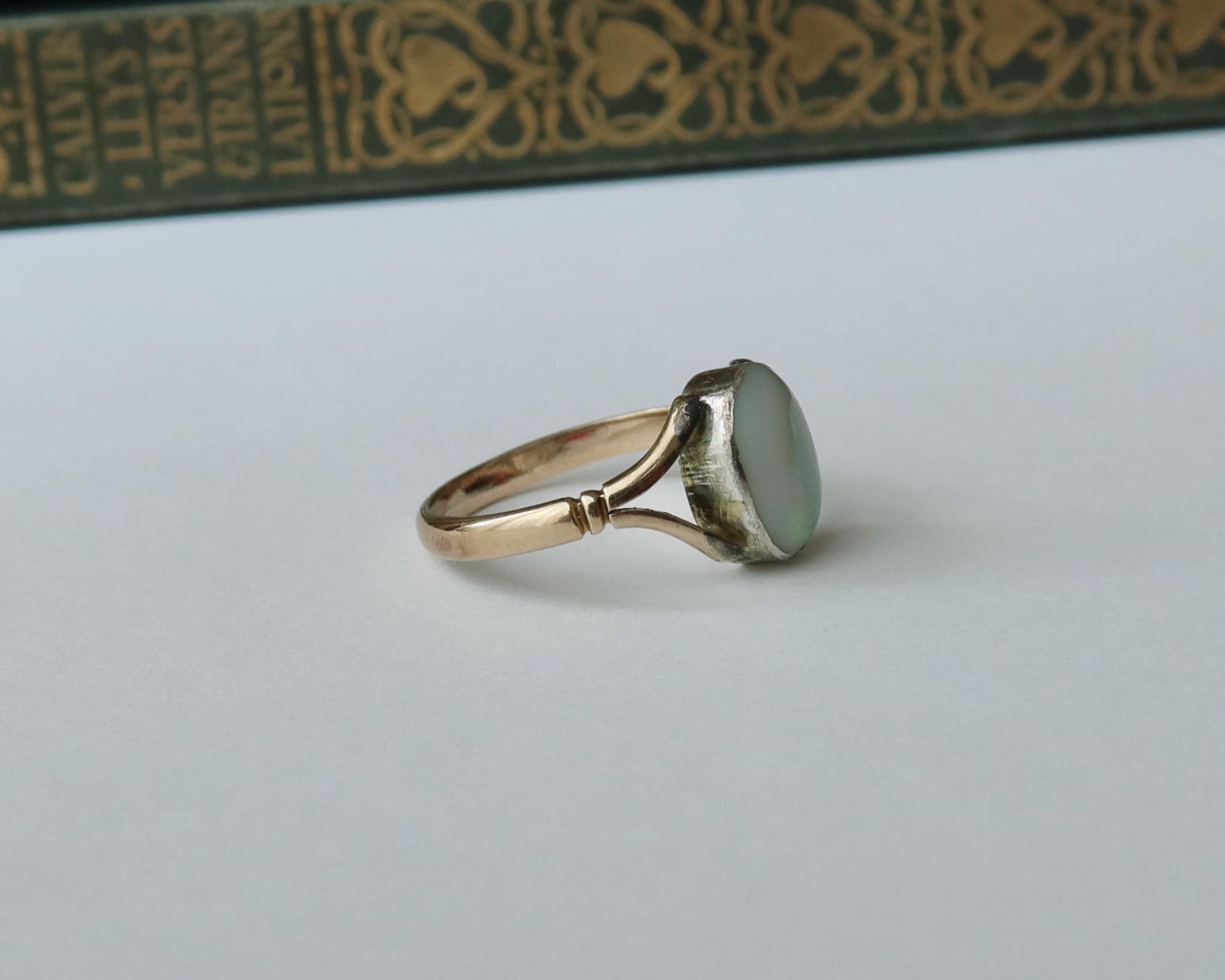 Antique Edwardian 9k Gold Natural Opal Ring, Oval Cabochon Opal