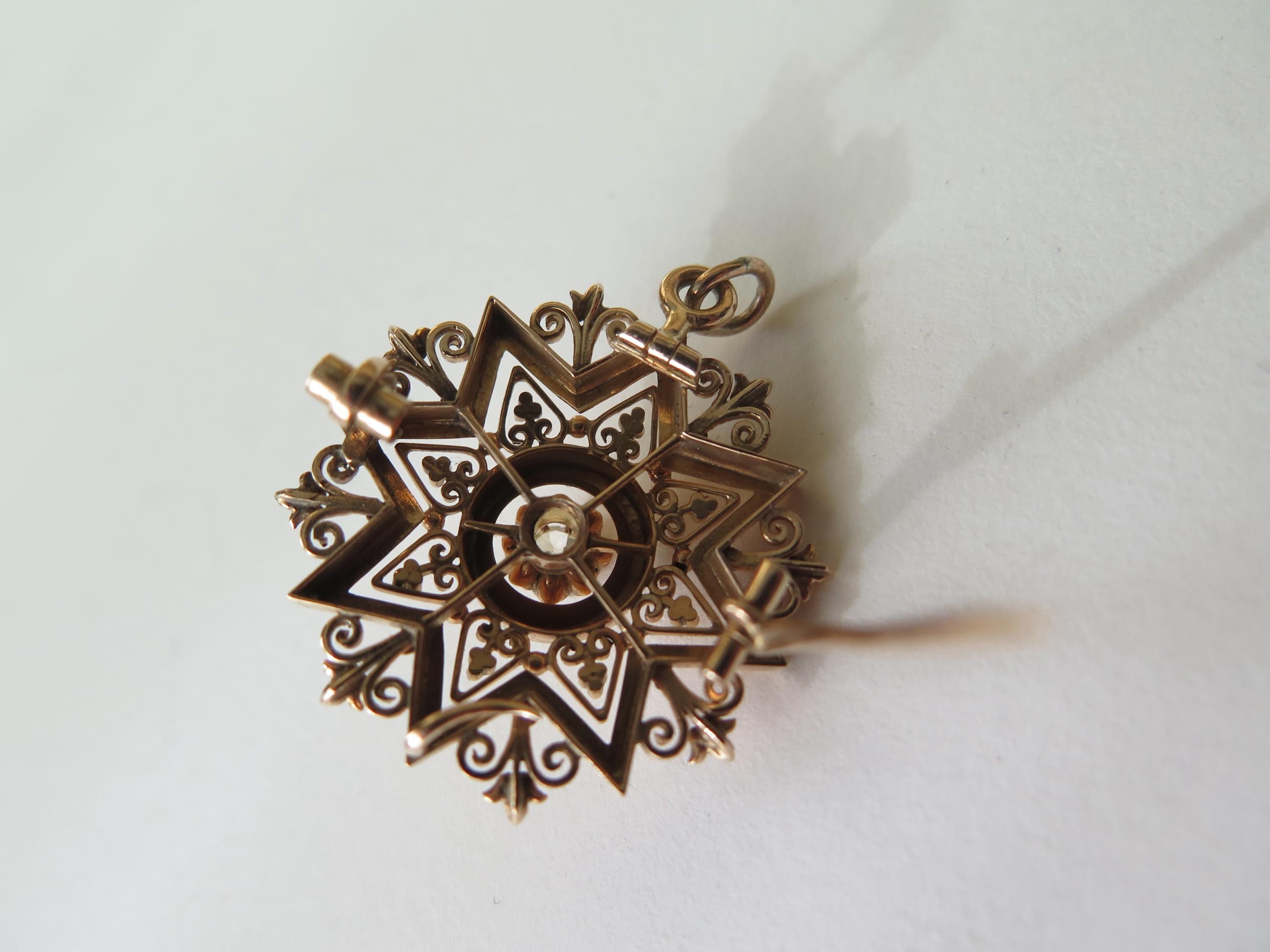 Antique 14k Gold Star Pendant-Brooch with Old Mine Cut Diamond