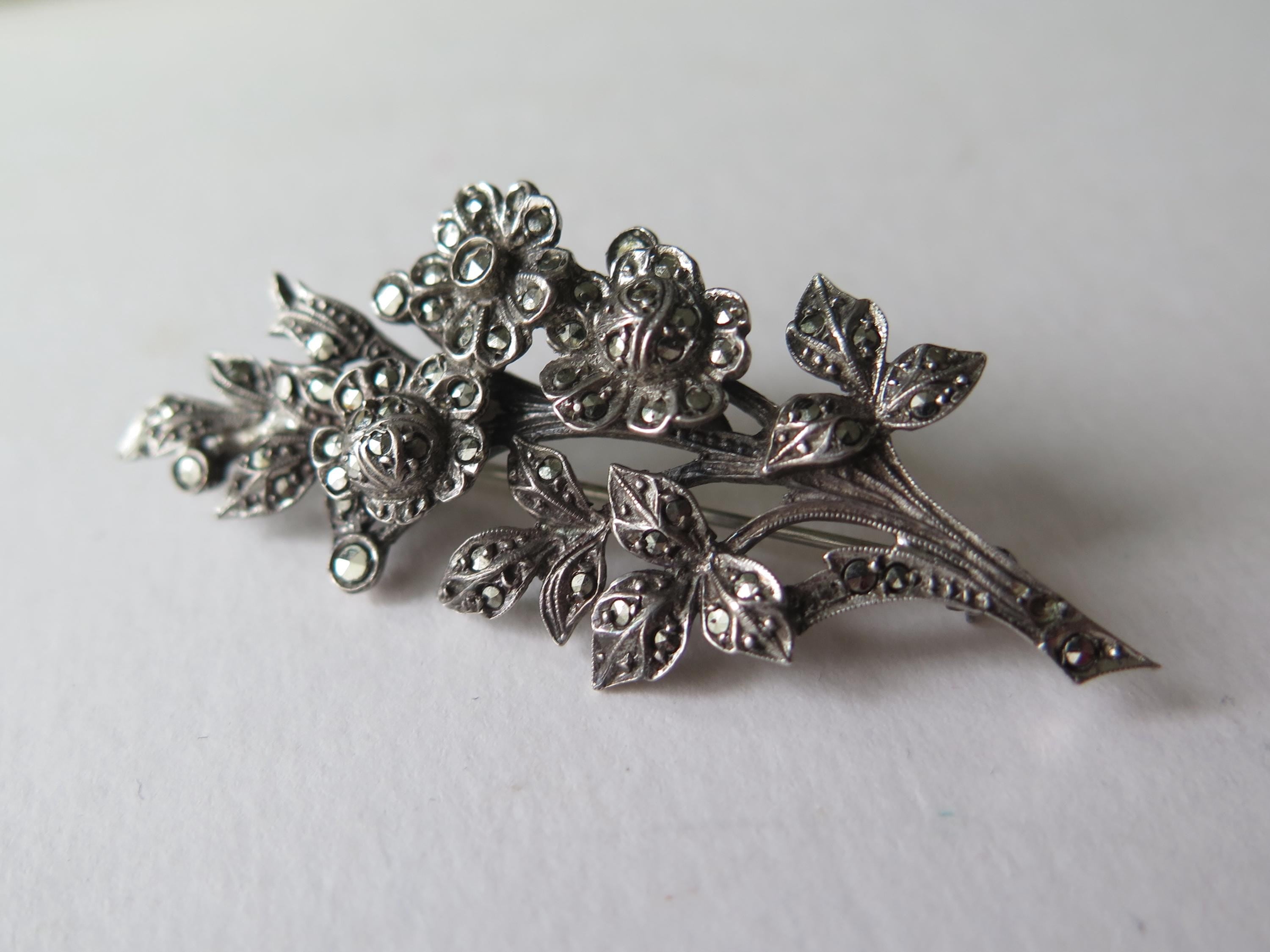 Vintage Sterling Silver and Marcasite Floral Brooch