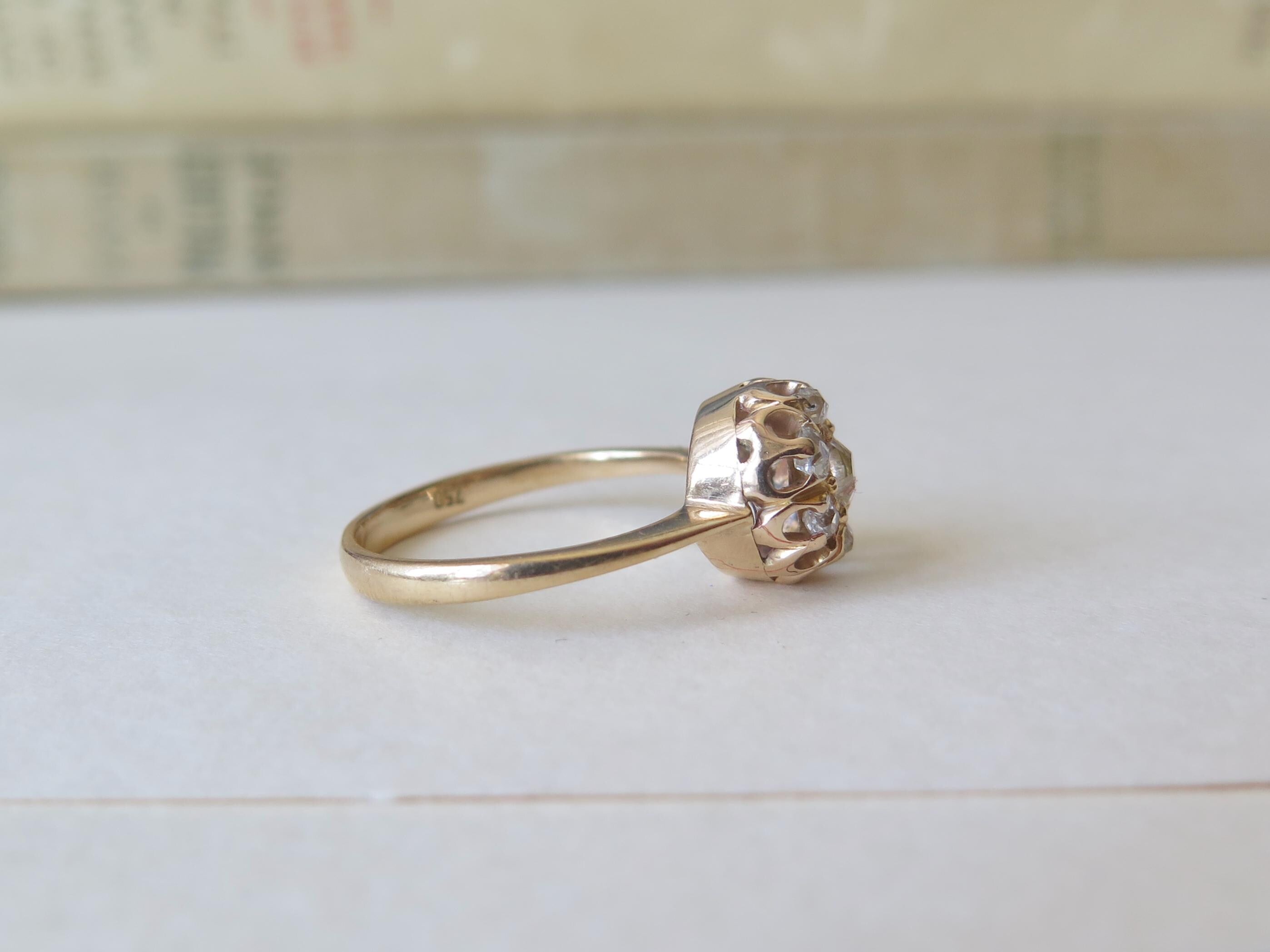 Belle Époque Diamond Cluster Ring: 18k Gold Peruzzi Cut, US Size 7.25