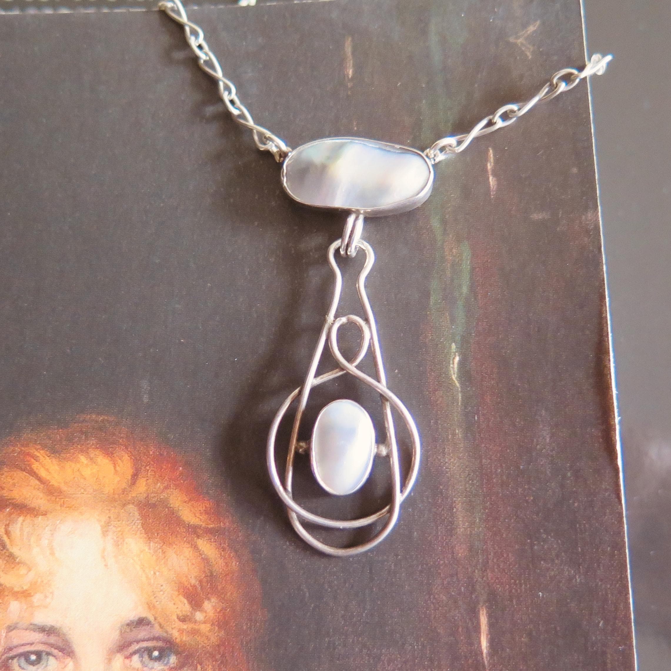 Antique Silver Mother-of-Pearl Pendant Necklace - Arts & Crafts c1900