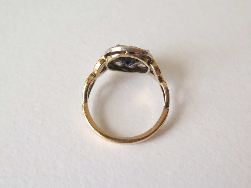 Edwardian Sapphire Diamond Cluster Ring: 14k Gold, Rose-Cut Diamonds, US Size 6