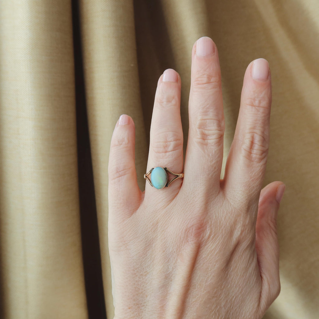 Antique Edwardian 9k Gold Natural Opal Ring, Oval Cabochon Opal