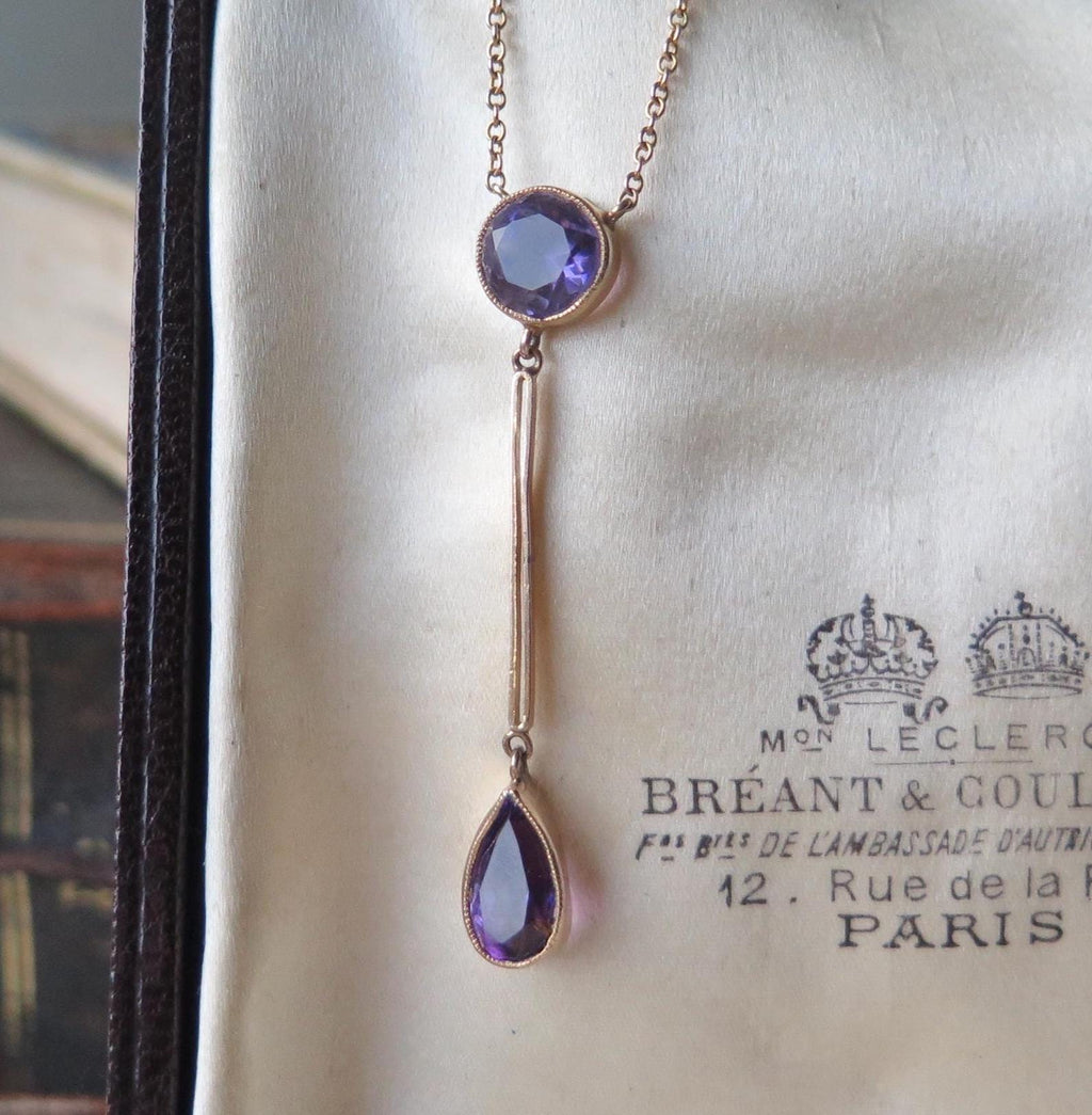 Antique Edwardian Necklace, 9k Rose Gold Amethysts Negligee Necklace