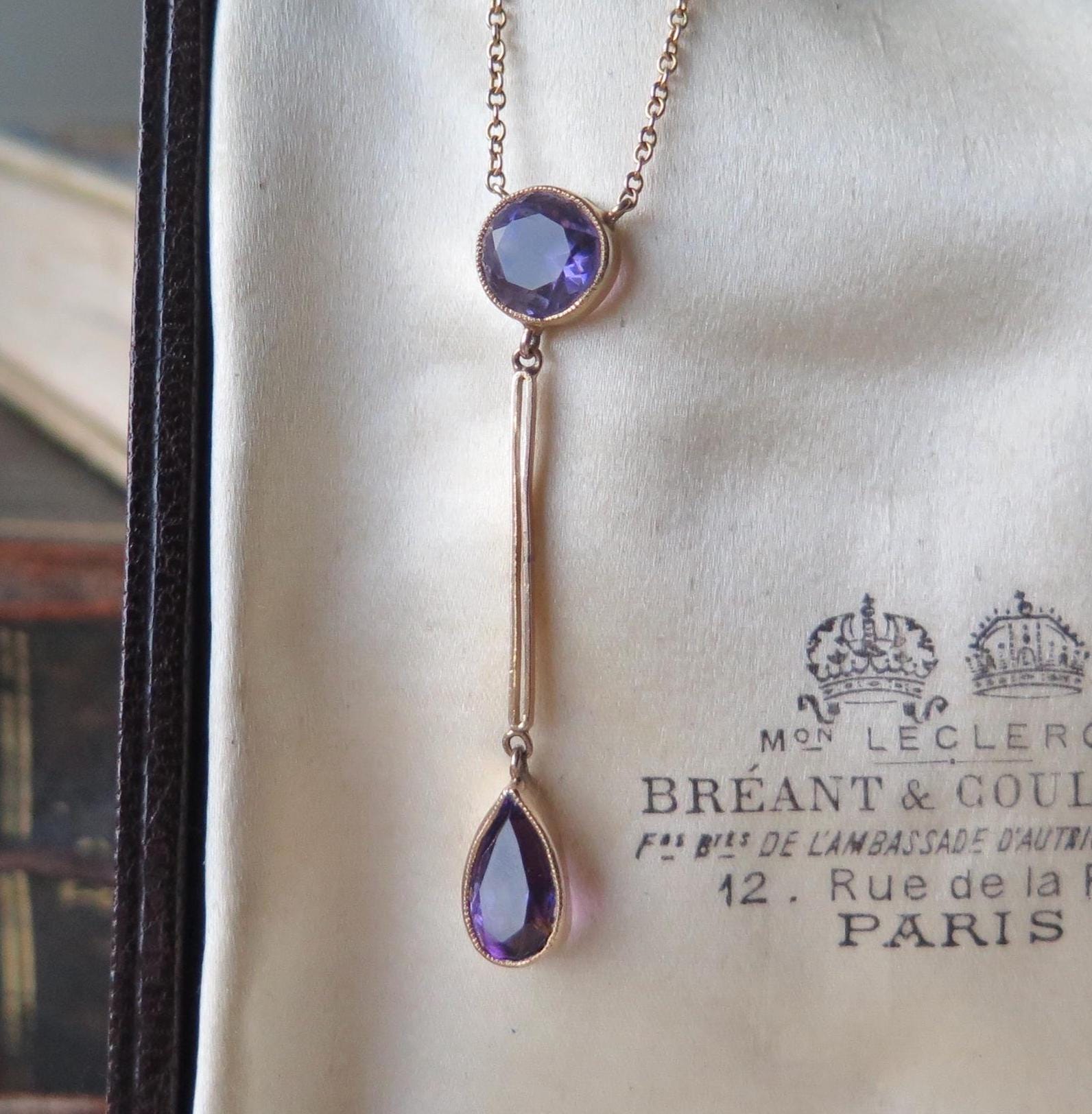 Antique Edwardian Necklace, 9k Rose Gold Amethysts Negligee Necklace