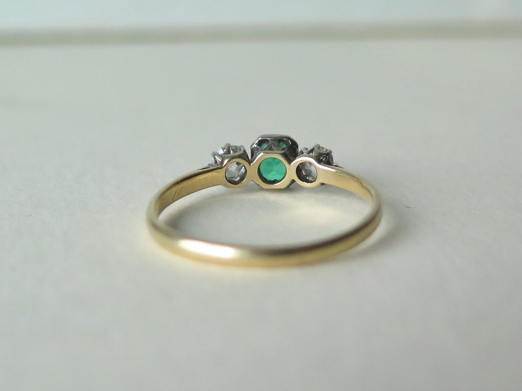 Antique Art Deco Emerald and Diamond Trilogy Ring, 18k Gold Platinum