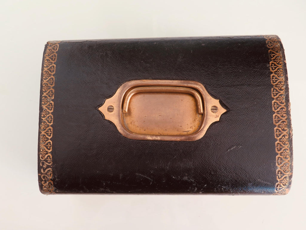 Antique Victorian Jewellery Casket – Gilt-tooled Leather, Brass Fittings & Deep Crimson Velvet