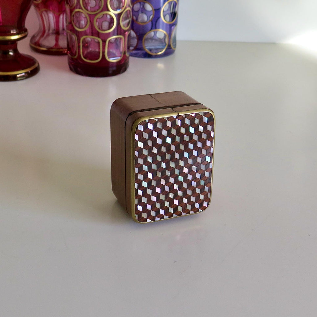Antique Watch Box, Mother-of-Pearl Inlay, Blue Silk Interior, Jewellery Display Prop