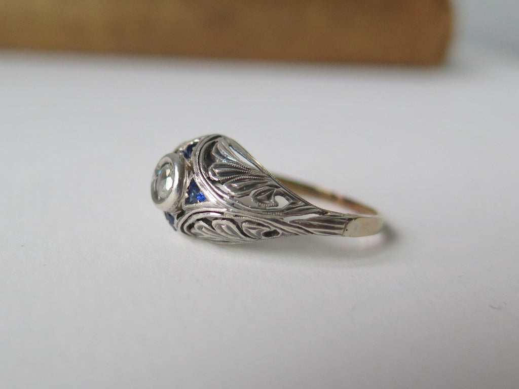 Antique Art Deco Diamond and Sapphire Ring, 18k White Gold, ca. 1920s