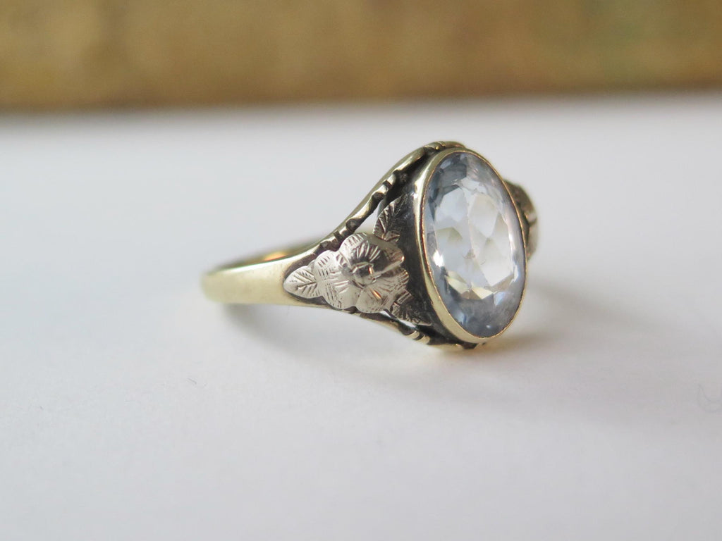 Antique French Art Nouveau Ring 14k Gold – Oval Blue Gemstone – Floral Shoulders
