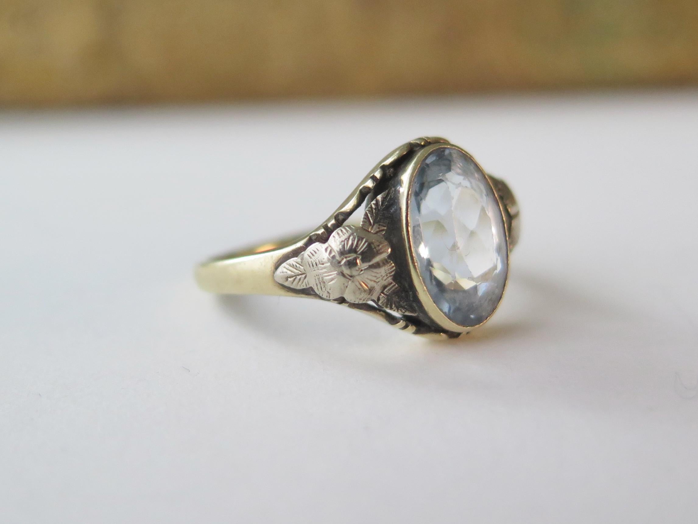 Antique French Art Nouveau Ring 14k Gold – Oval Blue Gemstone – Floral Shoulders