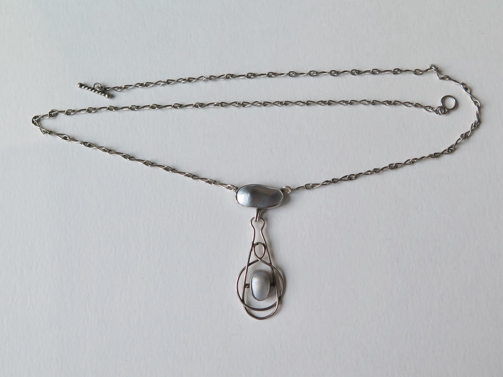 Antique Silver Mother-of-Pearl Pendant Necklace - Arts & Crafts c1900