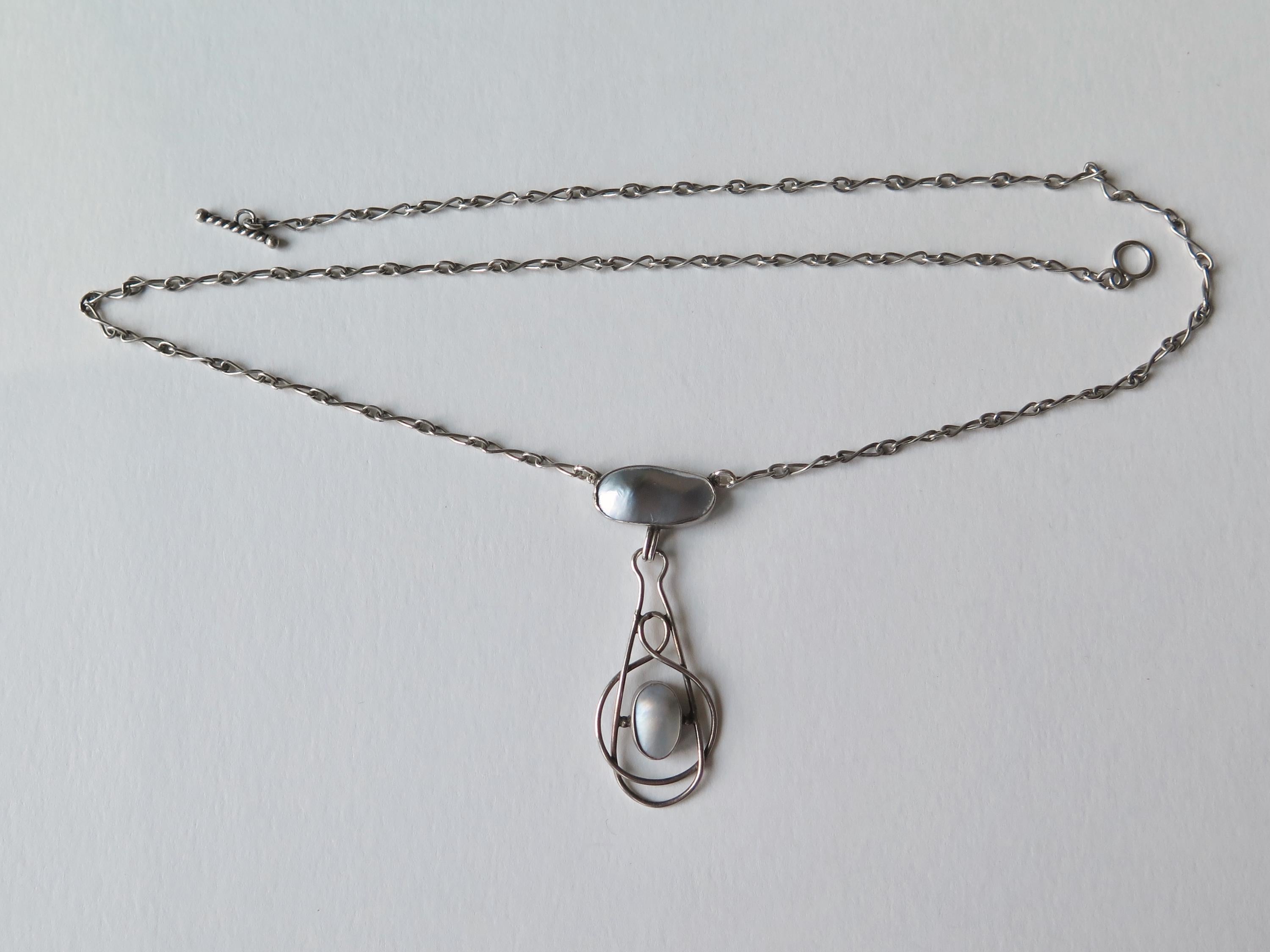 Antique Silver Mother-of-Pearl Pendant Necklace - Arts & Crafts c1900