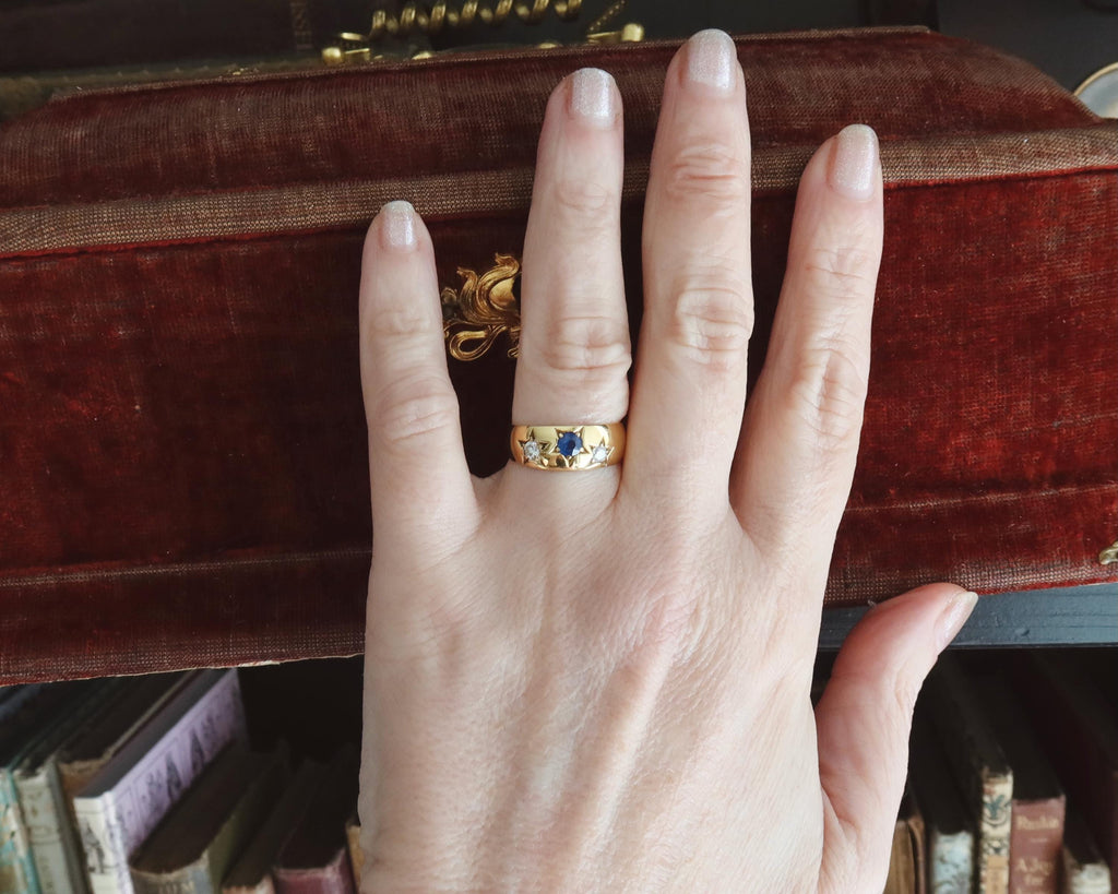 Antique Gipsy Ring 18k Gold, Sapphire and Diamonds Band Ring